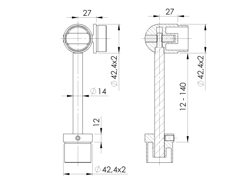 Edelstahl Handlaufstütze -STARR- 42,4 x 2 höhenverstellbar V2A, Kugelring Ø42