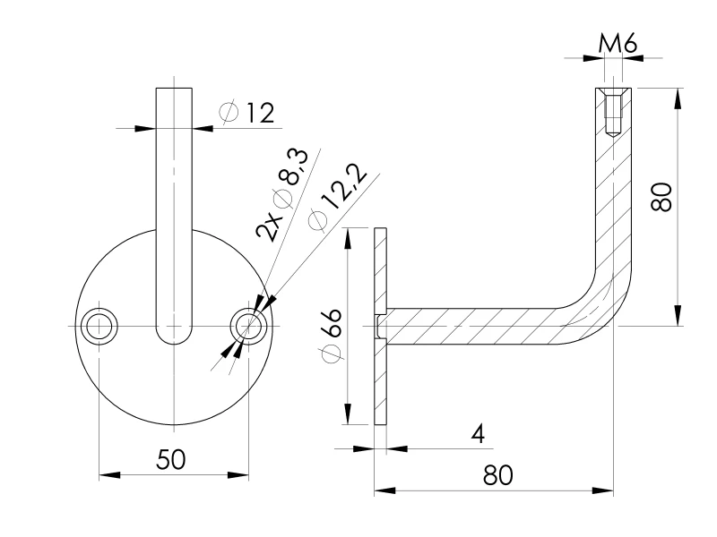 Handlaufhalter-Wand D = 42,4 Ronde D = 66 2 x Bohrung 8,3 mit Innengewinde M6