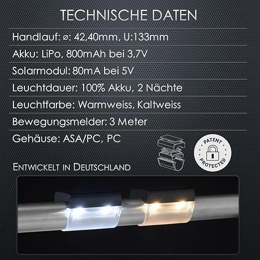 Outdoor LED SOLAR-Leuchten für Handlauf / Geländer Ø42,4 kaltweiß
